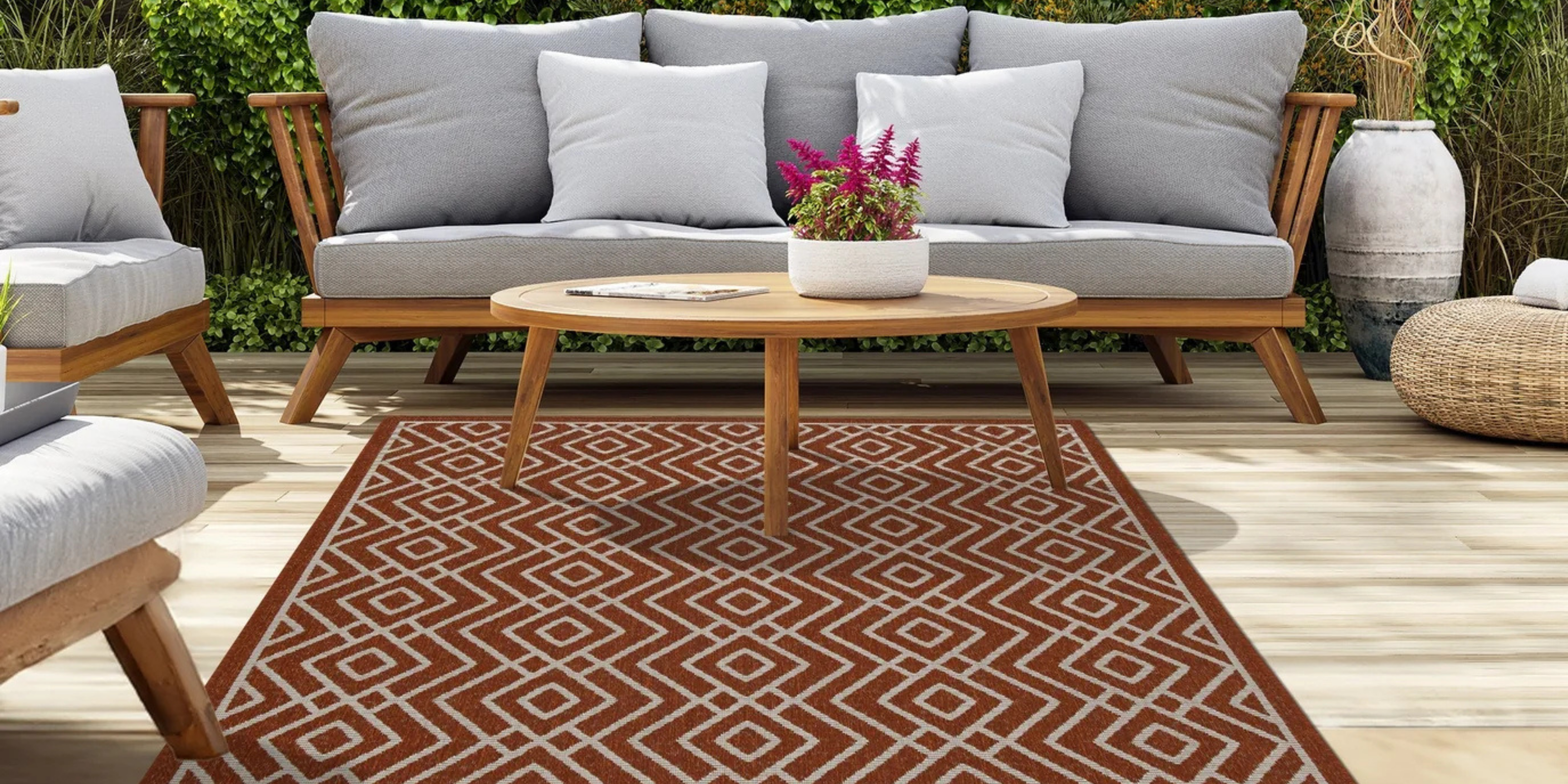 Best Styling Angle: How to Style a Terra Cream Diamond Outdoor Rug with Rattan & Wooden Furniture