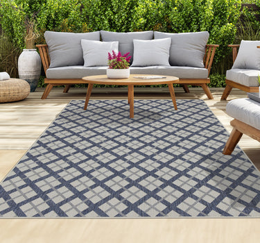 Outdoor Rugs Lined Portobello Collection Dark Blue Cream