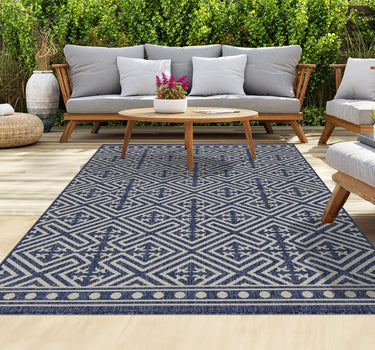 Outdoor Rugs Medallion Portobello Collection Dark Blue Cream