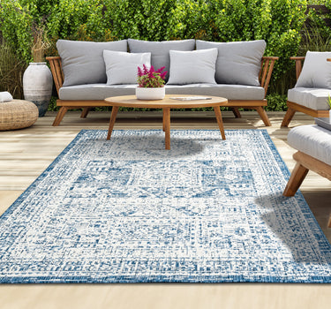 Outdoor Rugs Retro Frame - Blue / Cream